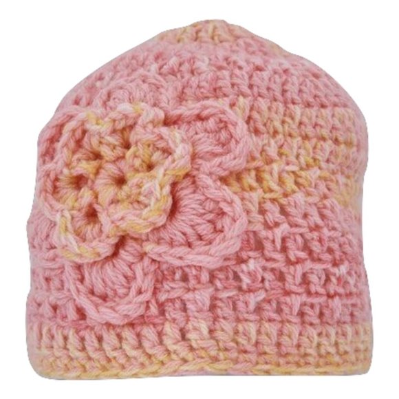 Women’s Homemade Hand Crocheted Pink & Yellow Flower Beanie Winter Hat - Picture 1 of 2